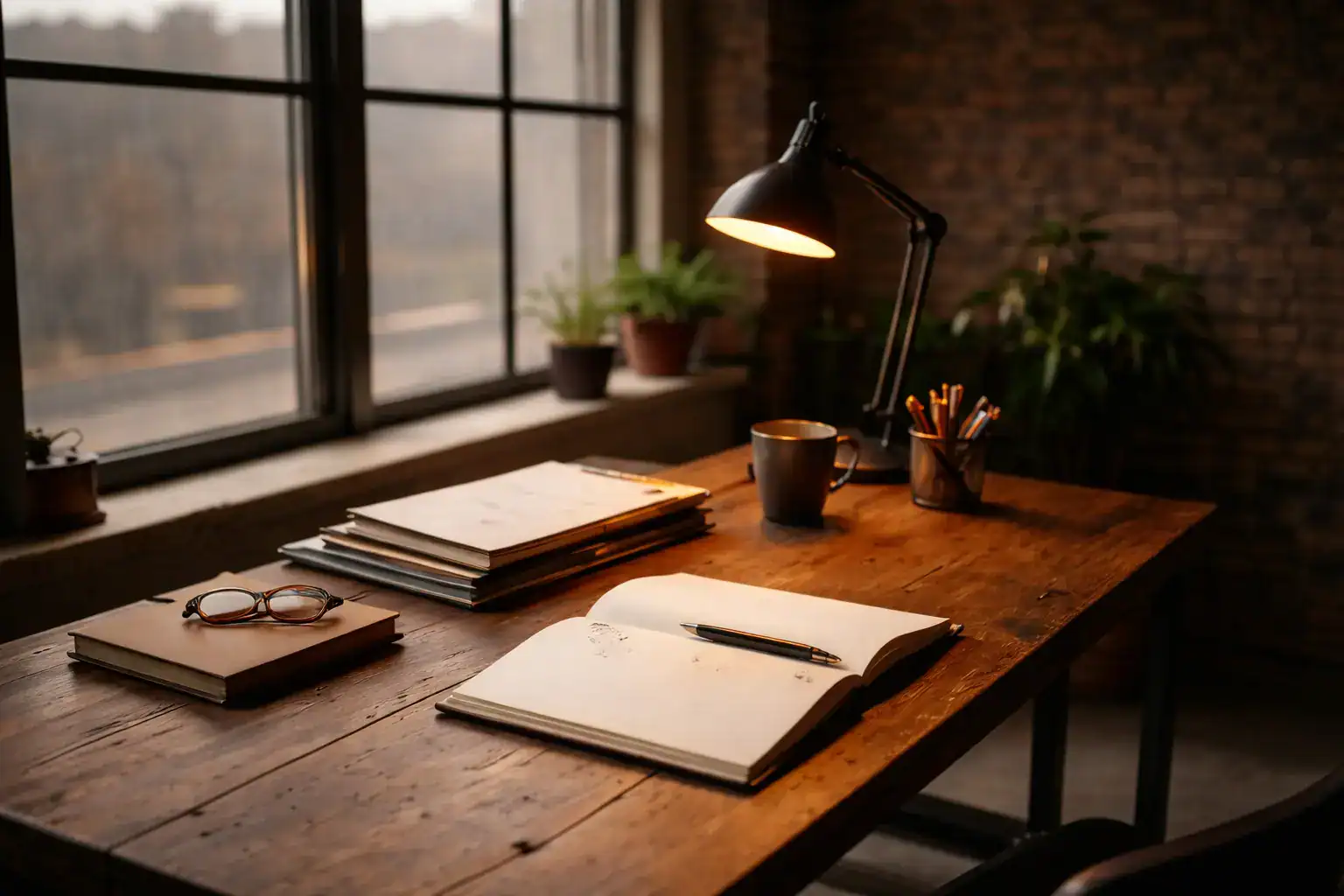 kleiner Schreibtisch mit Lampe und Notizen zur Planung