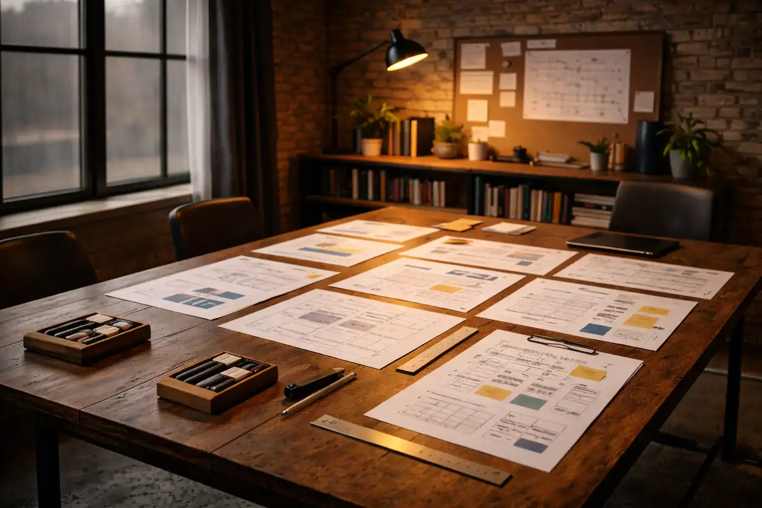 Schreibtisch mit geordneten Notizen und Unterlagen zur Planung